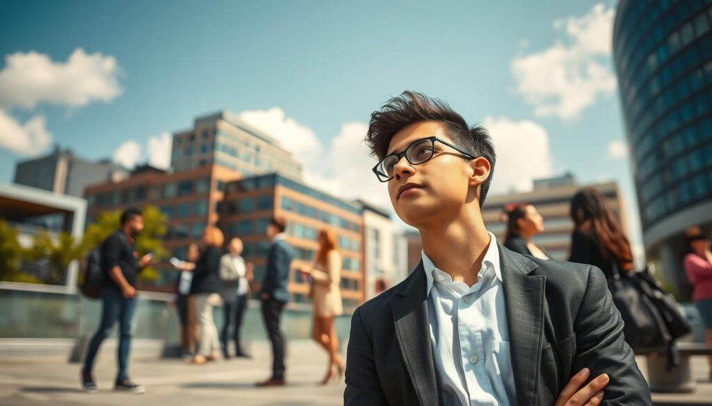 A young adult standing thoughtfully in a vibrant urban setting, reflecting on future opportunities after an educational path has shifted. The foreground features the person dressed in professional business attire, with a confident posture and a pensive expression, gazing towards the horizon. In the middle ground, diverse young professionals are engaged in collaborative discussions, showcasing various career options like entrepreneurship and creative arts, with modern office buildings and co-working spaces in view. The background presents a clear blue sky with fluffy clouds, symbolizing hope and new beginnings. The scene is captured with a Sony A7R IV at 70mm, utilizing a polarized filter for enhanced color saturation and clarity, creating an optimistic and inspiring atmosphere. The lighting is bright and uplifting, conveying a sense of possibility and motivation.