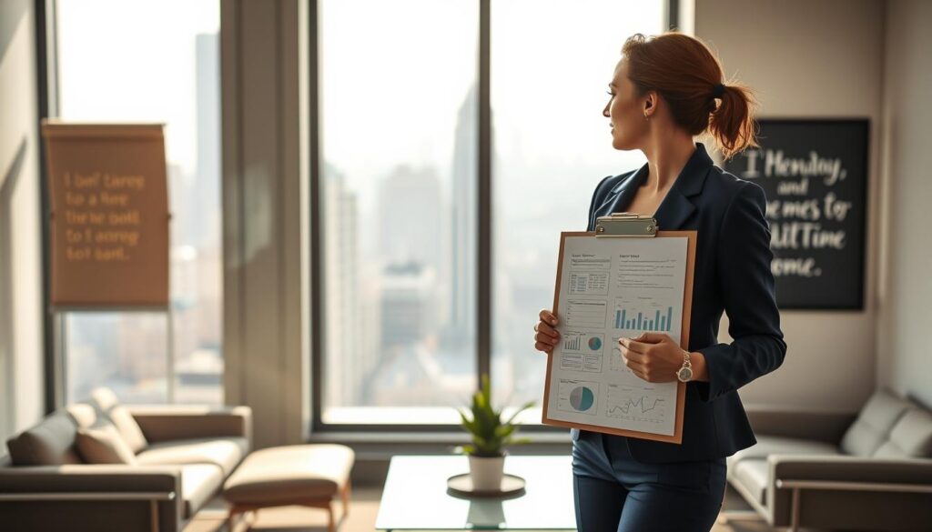 A young professional woman in a tailored navy blazer and smart trousers, confidently standing in an office setting, gazing out of a large window that overlooks a bustling city skyline. In her hand, she holds a clipboard filled with charts and goals, symbolizing her career ambitions. The background features a modern office with sleek furniture and inspirational quotes on the walls. The scene is bathed in soft, natural light streaming through the window, creating a bright yet focused atmosphere. The shot is captured with a Sony A7R IV at 70mm, providing a clearly focused and sharply defined image. The overall mood conveys determination and ambition, reflecting a future-oriented mindset.