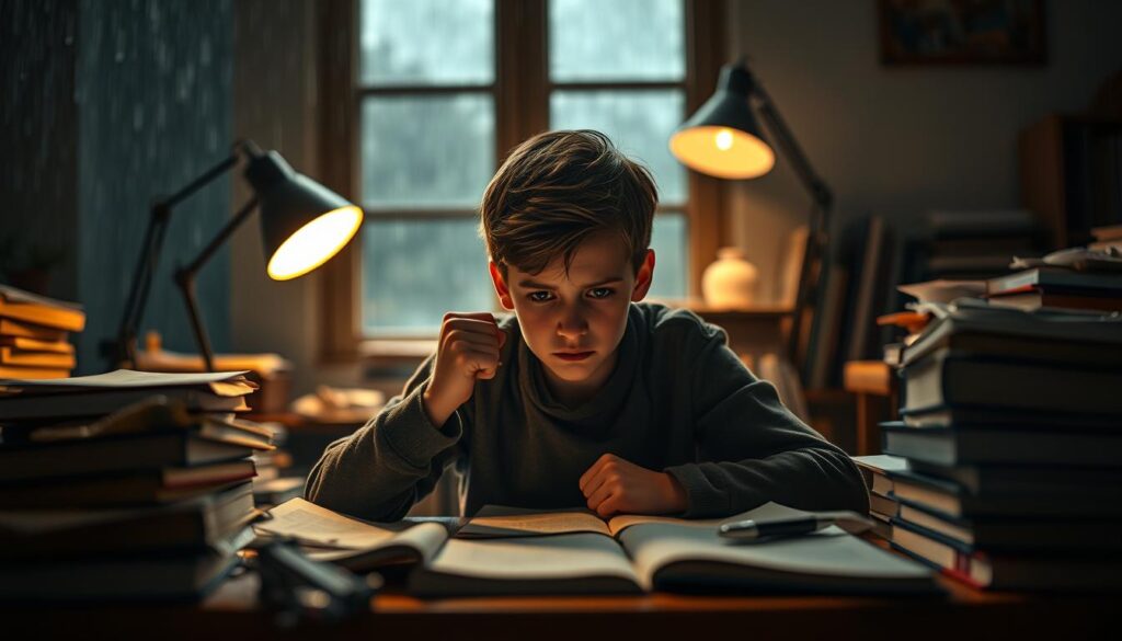 A young student sits at a cluttered desk in a dimly lit room, surrounded by textbooks and crumpled notes, reflecting a sense of distress and overwhelm. In the foreground, focus on their furrowed brow and clenched fists, showcasing their frustration. The middle layer features a flickering desk lamp casting a warm, yet soft glow, illuminating the student's face while shadows loom around them, symbolizing the weight of personal struggles. The background reveals a window with rain streaking down, enhancing the melancholic mood of the scene. Capture the image using a Sony A7R IV, 70mm lens, ensuring sharp definition and clarity with a polarized filter to reduce glare. The atmosphere conveys a sense of isolation and emotional turmoil, resonating with the theme of personal difficulties during training.