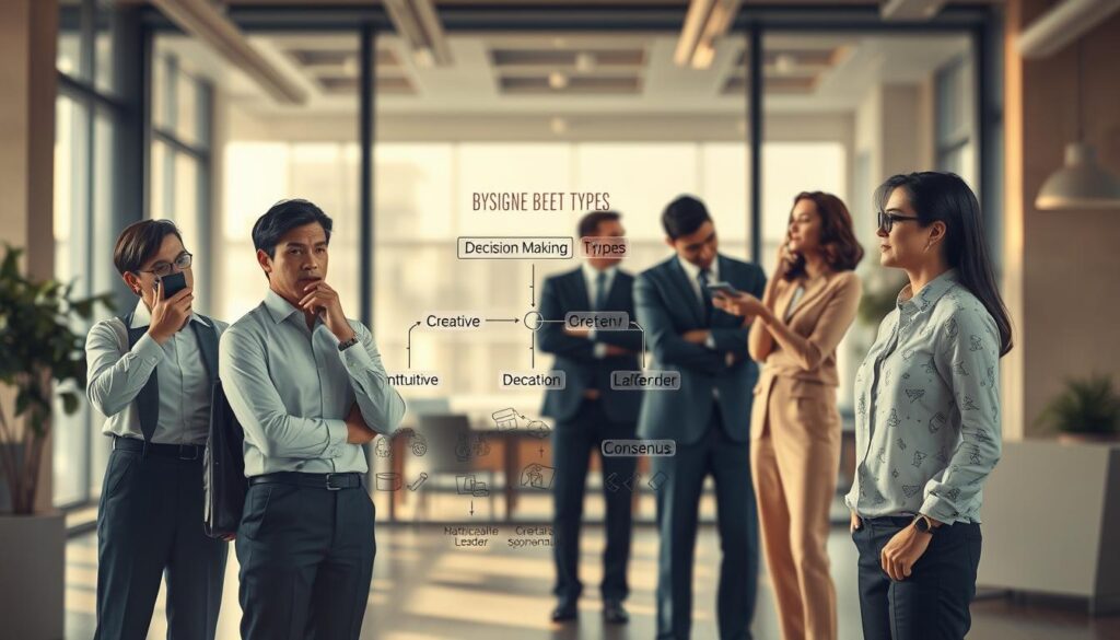 An artistic illustration representing different decision-making types, foreground featuring a diverse group of four professionals in business attire, each embodying a unique decision-making style: a logical thinker with a calculator, an intuitive person contemplating, a collaborative leader engaging with a team, and a creative thinker surrounded by sketches. In the middle ground, a visual flowchart illustrates decision types like rational, spontaneous, and consensus. The background shows a modern office setting with soft, warm lighting filtering through large windows, creating an inviting atmosphere. The image is composed to be sharply defined, shot with a Sony A7R IV at 70mm, emphasizing clarity and detail, with a polarized filter to enhance the colors and contrasts.