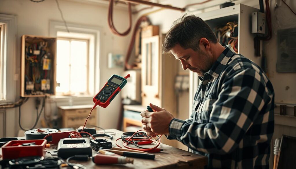 An electrician in professional attire, thoughtfully diagnosing electrical wiring in an older home. The foreground showcases him utilizing a multimeter, examining wires and connections within a panel. In the middle ground, various tools and electrical components are neatly organized on a workbench. The background depicts a vintage-style room with visible aged electrical systems, highlighting the contrast between old and new technology. Soft, natural lighting filters through a nearby window, creating a warm, inviting atmosphere. The image is shot on a Sony A7R IV at 70mm, ensuring sharp details and vivid colors, with a polarized filter enhancing the clarity of the scene.