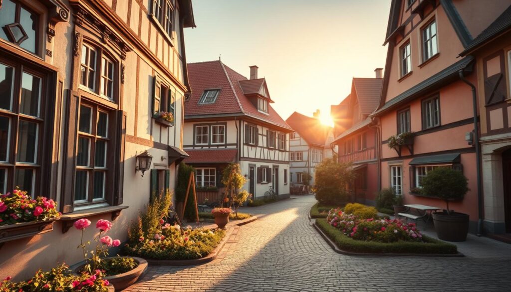 An elegant street scene showcasing the charm of older houses in Bad Pyrmont, captured during golden hour to create a warm, inviting atmosphere. In the foreground, intricate architectural details such as ornate window frames and decorative cornices of a classic half-timbered house are highlighted. The middle ground features a beautifully maintained garden with blooming flowers and cobblestone pathways leading to the entrance of the house. In the background, additional vintage houses in harmonious colors add depth to the scene with their traditional sloped roofs and rustic facades. Shot with a Sony A7R IV at 70mm, the image is sharply defined with a polarized filter, emphasizing the vibrant hues and textures of the buildings. The composition conveys a sense of history and craftsmanship, perfect for illustrating design possibilities in home renovations.
