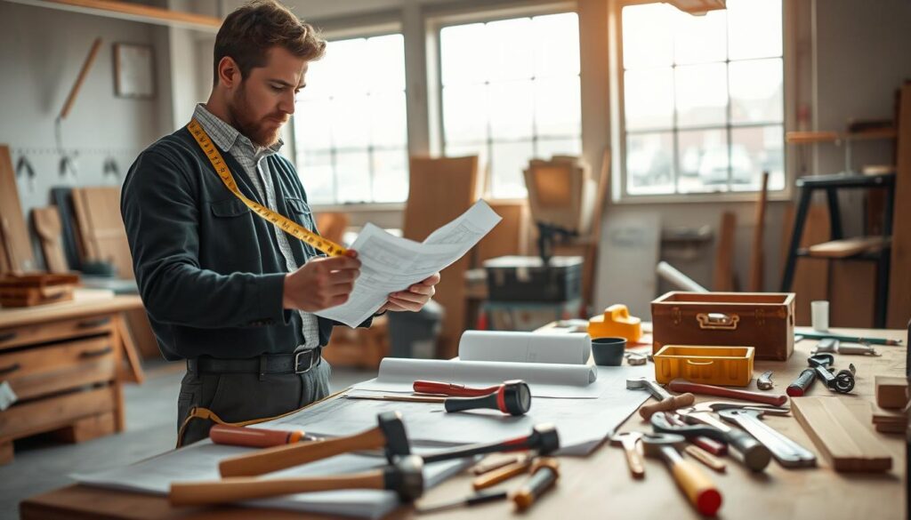 An expertly organized workspace illustrating "Tips for Selecting the Right Craftsmen." In the foreground, a professional builder in a smart casual outfit examines blueprints with a measuring tape, showcasing a focus on detail. The middle ground features various tools and materials—hammers, wrenches, and a toolbox—arranged neatly on a workbench, symbolizing preparation and craftsmanship. In the background, a light-filled workshop with large windows allowing natural daylight to pour in, creating a bright and inviting atmosphere. Warm, soft lighting complements the scene, emphasizing professionalism and trustworthiness. Shot on a Sony A7R IV at 70mm, with a sharply focused composition and polarized filter enhancing clarity. The overall mood is one of diligence, professionalism, and confidence in selecting the right craftsmen.