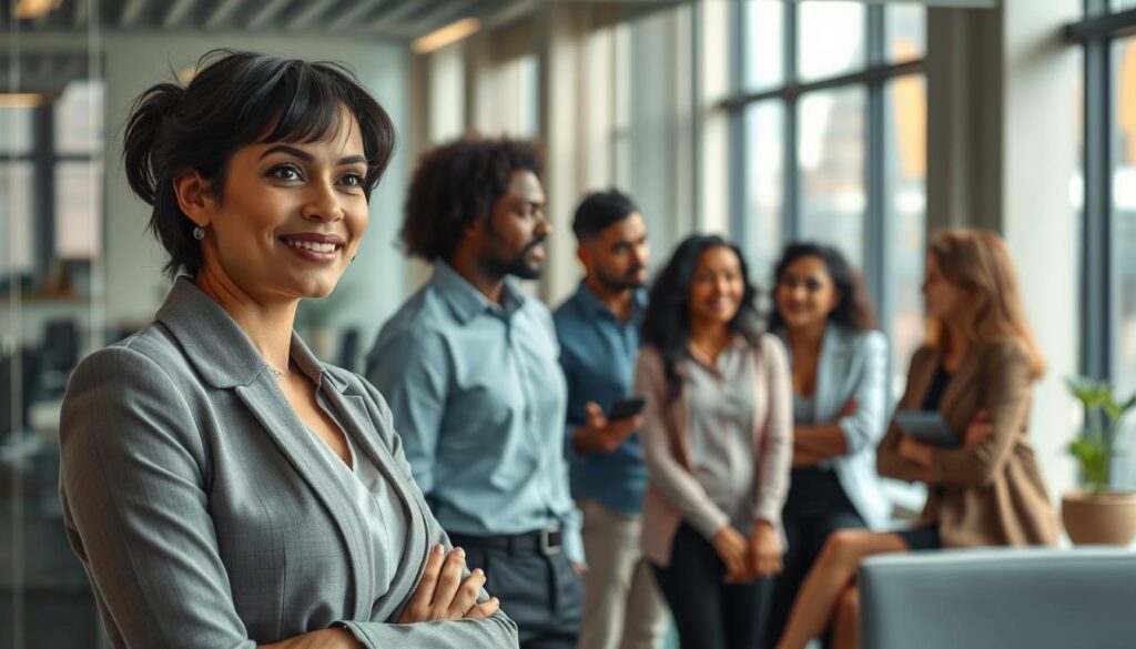An illustration of "Techniques for Quick Wit" in a modern office setting. In the foreground, a professional woman in business attire, confidently engaging in conversation with a small group of colleagues, her expression animated and thoughtful. In the middle ground, a diverse group of individuals, reflecting different ethnicities, listening intently, some nodding in agreement, others looking intrigued. The background features sleek office elements, such as a glass-walled conference room and contemporary furniture, creating an atmosphere of collaboration. Soft natural light filters through large windows, casting gentle shadows and enhancing the focus on the engaging discussion. The scene is captured with a Sony A7R IV at 70mm, showcasing sharp details and vibrant colors, evoking a mood of empowerment and creativity.