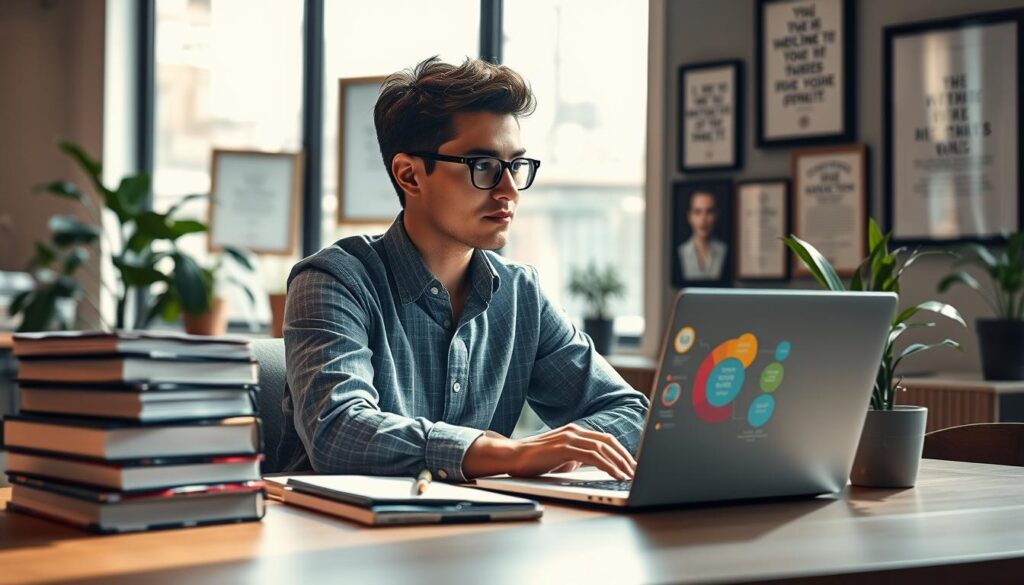 An intelligent, young professional sitting at a modern desk in a stylish office environment, surrounded by items that reflect various personal interests: a stack of books on personal development, a laptop displaying a colorful infographic on career paths, and a plant adding a touch of nature. Soft natural light filters through large windows, creating a warm and inviting atmosphere. In the background, a wall adorned with framed certificates and motivational quotes enhances the sense of ambition and growth. The scene is shot with a Sony A7R IV at 70mm, delivering a clear focus and sharp definition, enhanced by a polarized filter for rich colors and contrast. The mood is one of inspiration and contemplation, ideal for exploring career choices aligned with personal interests.