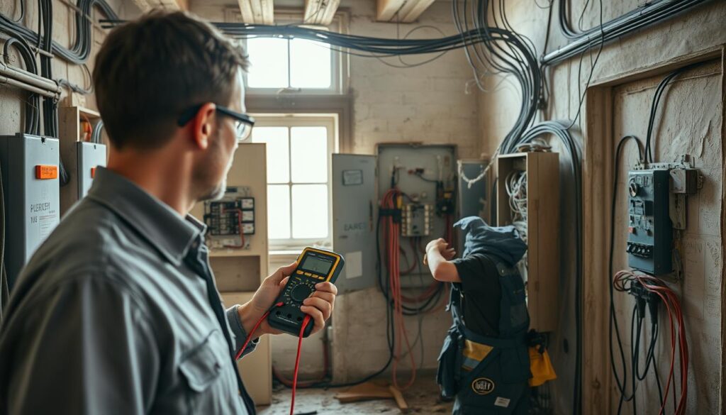 An interior view of an older building undergoing electrical safety upgrades, emphasizing the importance of safety measures for vintage electrical systems. In the foreground, a professional electrician in modest casual clothing is carefully inspecting old wiring with a multimeter, demonstrating safety practices. The middle ground features exposed electrical panels, circuit breakers, and a mix of old and new wiring, highlighting the contrasts in electrical standards. In the background, soft natural light filters through a window, illuminating the dusty room filled with tools and safety gear. Shot with a Sony A7R IV at 70mm, the image is sharply defined and clear, with a polarized filter enhancing the colors and details, creating a focused and professional atmosphere that underscores the critical nature of electrical safety in historic buildings.
