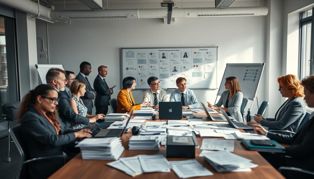 An office environment illustrating the theme of "Wechsel und Nachbesetzungen" in a professional setting. In the foreground, a diverse group of business professionals, dressed in formal business attire, engage in a lively discussion around a conference table filled with documents and laptops. The middle ground features an array of job application materials, including resumes and cover letters, subtly scattered on the table, symbolizing the application process. In the background, a large whiteboard displays organizational charts and potential new hires, emphasizing transitions and new roles. The scene is well-lit with natural light streaming through large windows, creating an open and inviting atmosphere, shot with a Sony A7R IV at 70mm, clearly focused, and sharply defined with a polarized filter, invoking a sense of anticipation and opportunity.