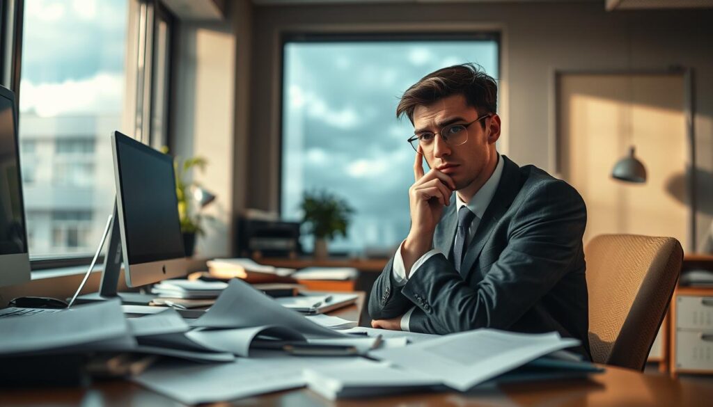 An office environment with a frustrated young professional in business attire, sitting at a cluttered desk, surrounded by scattered papers and an unfinished presentation. They have a thoughtful expression, reflecting on their recent failure at work. In the background, a large window reveals a cloudy sky, symbolizing uncertainty. The lighting is soft and diffused, casting gentle shadows, with a focus on the subject using a shallow depth of field. The camera angle is slightly above eye level, emphasizing a contemplative mood. The overall atmosphere conveys a sense of introspection and growth, illustrating the theme of learning from setbacks. Shot on Sony A7R IV at 70mm with a polarized filter for clear details and vibrant colors.