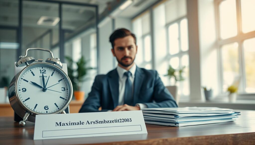 An office setting illustrating the concept of "maximale Arbeitszeit," featuring a professional document titled "Maximale Arbeitszeit pro Tag gemäß dem Arbeitszeitgesetz" on a sleek wooden desk in clear focus. The foreground shows a modern clock displaying 5:00 PM adjacent to a neatly arranged calendar. In the middle, a well-dressed professional, a mid-30s male wearing a suit, is engaged in thought, looking at the documents with a determined expression. The background showcases a bright, well-lit office space with large windows letting in soft natural light. The overall atmosphere conveys a mix of seriousness and professionalism, highlighting the importance of work-life balance. Shot on Sony A7R IV with a 70mm lens, ensuring sharp details with a polarized filter to enhance clarity and color vibrancy.