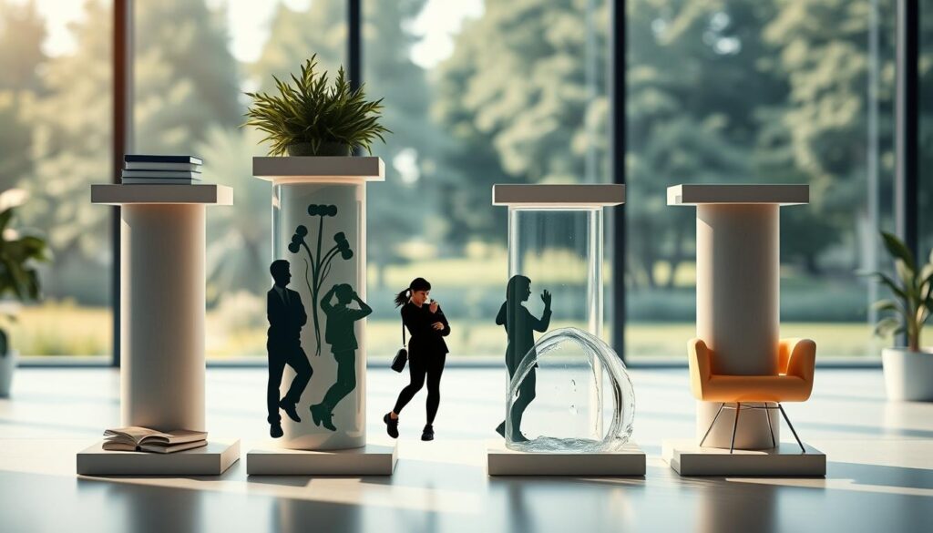 Four distinct pillars representing the concept of work-life balance, each uniquely designed: the first pillar symbolizes career ambition, adorned with books and a laptop; the second pillar signifies personal health, featuring green plants and fitness gear; the third pillar represents social connections, illustrated with silhouettes of friends gathered together; the fourth pillar embodies leisure, depicted with a flowing water feature and comfortable seating. The background features a serene office environment with large windows that showcase a tranquil outdoor scene, creating a bright and welcoming atmosphere. The composition is shot on a Sony A7R IV with a 70mm lens, utilizing a polarized filter for clear focus and sharp definition, capturing an uplifting and motivational mood.