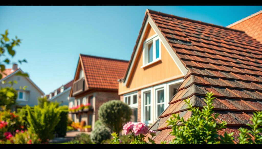 Generate a detailed image of a steep pitched roof (Steildach) showcasing its advantages, highlighted in an attractive residential setting. In the foreground, emphasize the roof's distinctive angles, materials like shingles or tiles, and vibrant colors that reflect sunlight. The middle ground should feature the house with flower beds and green landscaping, signifying comfort and beauty. In the background, include a clear blue sky to enhance the appeal of the steep roof. Capture the scene with bright, natural lighting accented by a polarized filter, creating vivid contrasts and clarity. The atmosphere should feel inviting and joyful, illustrating the aesthetic and practical benefits of steep roofs. The shot should resemble a lens focus at 70mm, providing sharp definition.