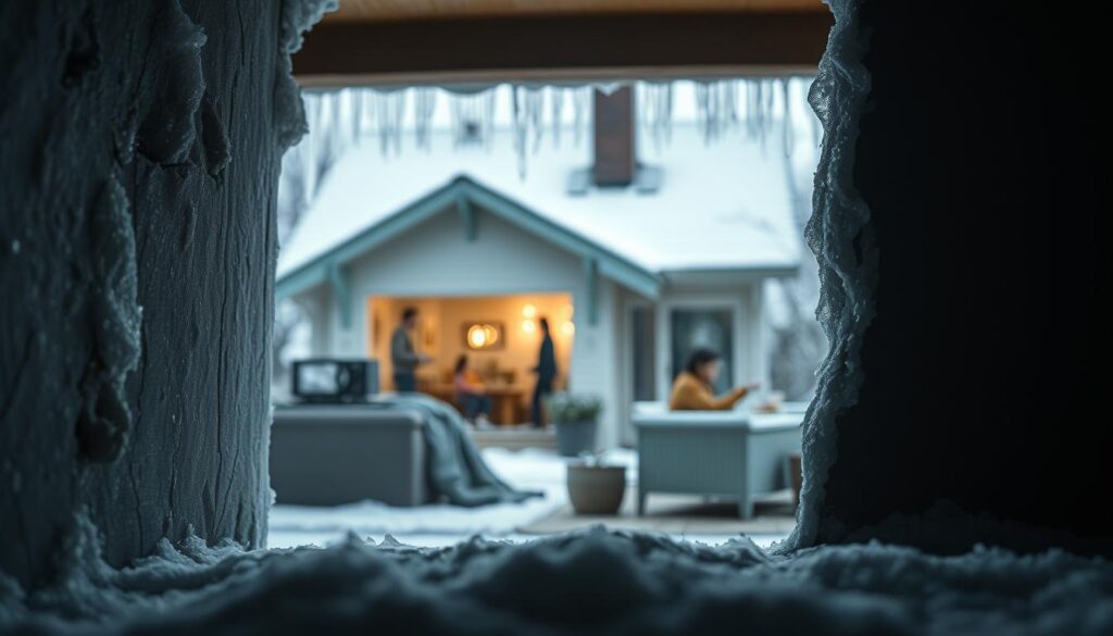 Generate an image illustrating the consequences of poor insulation in a home. In the foreground, show a close-up of a poorly insulated wall revealing gaps and cold air seeping through, with condensation forming on the interior surface. In the middle ground, depict a warm room where a family is slightly shivering, illustrating discomfort. The background should feature a house with visible external damage, such as icicles hanging from the roof and plants wilting due to energy loss. Use soft but dim lighting to create a slightly gloomy atmosphere, with a cool color palette emphasizing the chill of poor insulation. Capture the scene with a Sony A7R IV at 70mm, ensuring sharp focus and clarity, employing a polarized filter for enhanced detail.