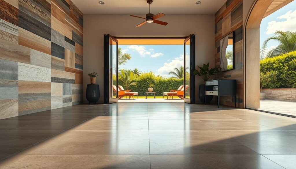 In a beautifully designed indoor space, large-format tiles of various colors and textures seamlessly merge with the outdoor area, showcasing their versatility. The foreground features a polished floor with sleek, modern tiles reflecting soft ambient light. In the middle ground, an open sliding glass door connects the warm, inviting interior with an elegantly tiled patio. The background showcases lush greenery and a clear blue sky, enhancing the outdoor living appeal. Captured with a Sony A7R IV at 70mm, the image is sharply focused and well-defined, utilizing a polarized filter to accentuate the vibrant colors and textures. The overall mood is sophisticated and contemporary, highlighting the innovative use of tiles in both interior and exterior designs.