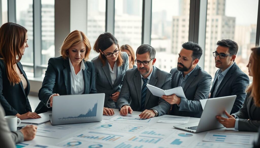 In a modern office environment, a diverse group of professionals is engaged in a lively discussion around a large table filled with spreadsheets and charts. The foreground features a middle-aged woman in a tailored suit pointing to a financial graph on her laptop, while a young man in glasses takes notes. In the middle, a diverse group of individuals is collaborating, showcasing different age groups and ethnicities, all dressed in smart business attire. The background has large windows with city views, allowing natural light to pour in, creating a bright and focused atmosphere. The scene is captured with a Sony A7R IV at 70mm, ensuring sharp definition and clarity with a polarized filter, reflecting professionalism and teamwork in the workplace.
