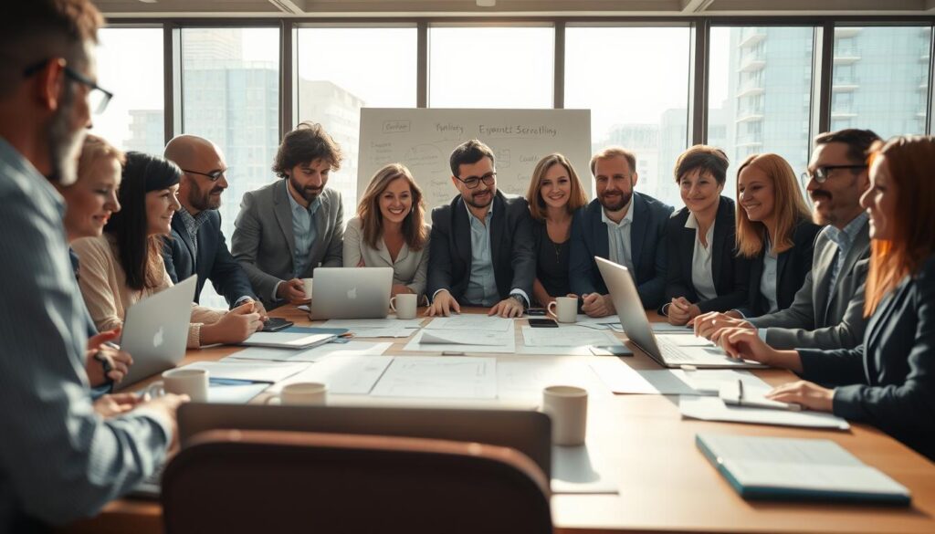 Mentors and leaders engaged in a collaborative brainstorming session in a modern office setting. In the foreground, a diverse group of professionals, dressed in smart business casual attire, are gathered around a large table strewn with documents, laptops, and coffee cups, actively sharing ideas. The middle of the scene captures a whiteboard filled with diagrams and notes, emphasizing creativity and teamwork. In the background, large windows allow natural light to flood the room, creating a warm and inviting atmosphere. The lighting highlights the expressions of motivation and focus on the participants' faces. Shot on a Sony A7R IV at 70mm, the image is clearly focused with a sharply defined depth of field, using a polarized filter to enhance colors and details.