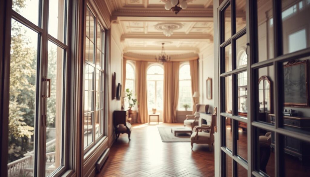 Modern windows in a historic apartment, blending contemporary design with classic architecture. The foreground features sleek, energy-efficient windows with thin frames, reflecting natural light. In the middle ground, the room showcases high ceilings with ornate molding and vintage wooden floors, creating a striking contrast with the modernity of the windows. Soft daylight pours through, illuminating the interior with a warm glow, enhancing the elegance of the space. The background reveals vintage furniture, art deco details, and a hint of lush greenery seen through the windows. The composition is shot using a Sony A7R IV 70mm lens, ensuring clarity and sharp definition, enhanced by a polarized filter to reduce glare and improve color vibrancy. The overall mood is sophisticated, inviting, and harmonious, representing a seamless integration of old and new design elements.
