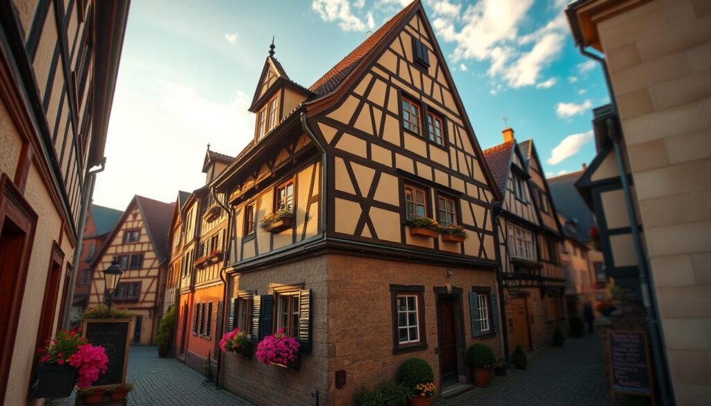Weserrenaissance houses in Rinteln, showcasing intricate half-timbered architecture with delicate wooden beams and ornate gable designs, bathed in warm, golden sunlight. The foreground features vibrant flower boxes beneath the windows, adding splashes of color against the historic facades. In the middle ground, charming cobblestone streets wind between these unique buildings, inviting viewers to explore. The background reveals a clear blue sky with soft clouds, enhancing the tranquil atmosphere of this picturesque town. Shot with a Sony A7R IV at 70mm, the image is sharply defined and clearly focused, using a polarized filter to enhance colors and contrast. The scene conveys a sense of historical richness and artistic inspiration.
