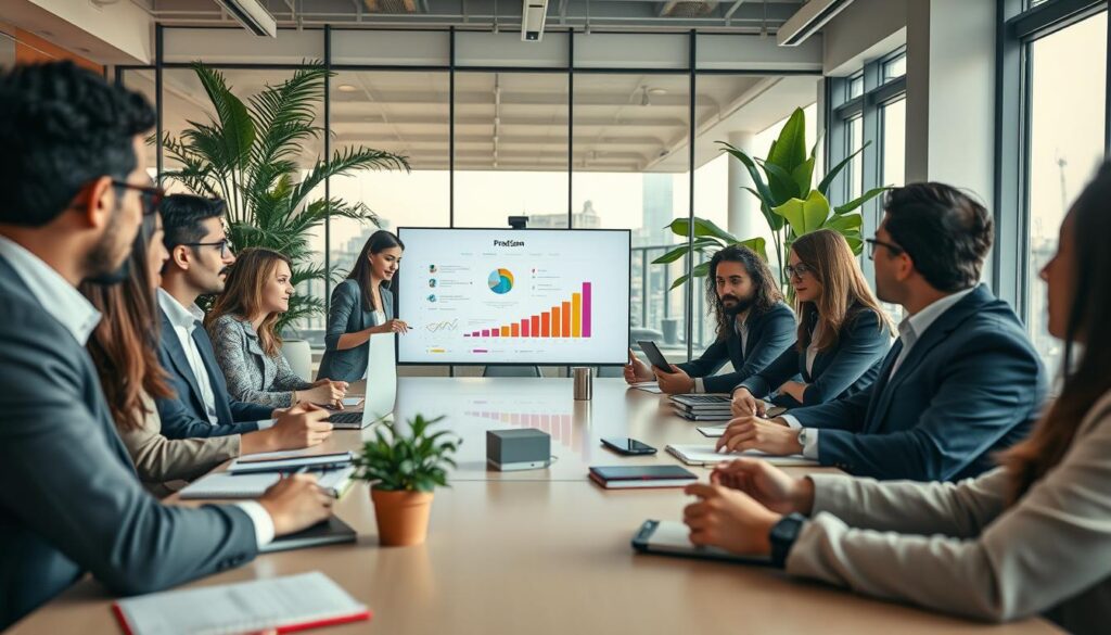 a modern office environment filled with dynamic professionals brainstorming innovative strategies, showcasing diverse individuals in business attire collaborating around a large conference table, notebooks and digital devices scattered around. In the foreground, a confident woman presents a colorful infographic on a screen, while colleagues attentively engage with ideas. The middle layer features a glass wall with a cityscape view, symbolizing growth and opportunity. The background includes large potted plants, lending a vibrant, fresh atmosphere. Soft, natural lighting filters through, creating a bright yet professional mood. Shot with a Sony A7R IV at 70mm, the image is sharply focused, highlighting the details of the collaborative workspace with a polarized filter for enhanced color contrast.