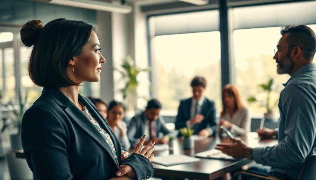 a professional business meeting setting, highlighting a diverse group of individuals engaged in constructive feedback. In the foreground, two people in professional attire—a woman in a smart blazer and a man in a crisp shirt—are facing each other, demonstrating active listening and mutual respect. The middle ground depicts others seated around a conference table, taking notes and nodding in agreement, embodying a supportive atmosphere. The background features a bright, airy office with large windows allowing natural light to filter in, plants adding a touch of warmth. Captured with a Sony A7R IV at 70mm, the image is clearly focused and sharply defined, enhanced with a polarized filter to reduce glare. The mood is collaborative and inspiring, reflecting the essence of handling criticism constructively.