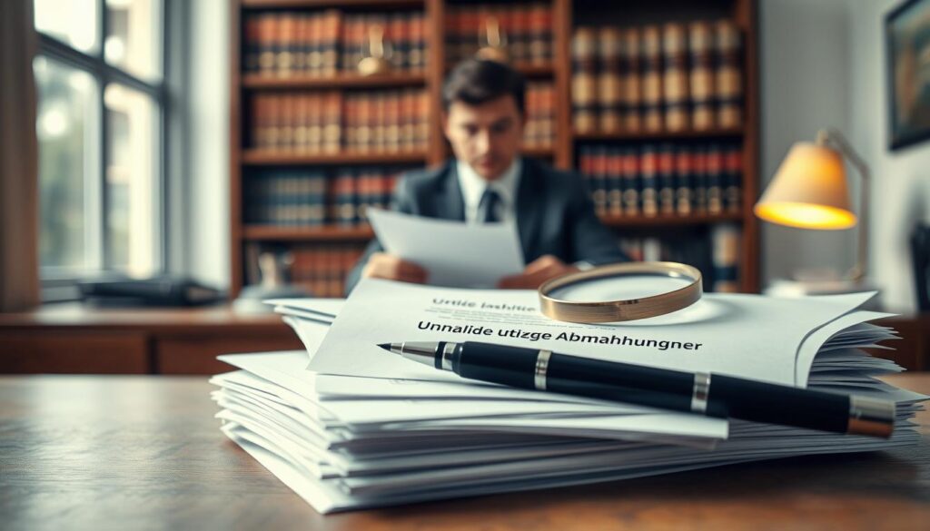 a professional office setting, showcasing a pile of invalid notice letters ('ungültige Abmahnungen') in the foreground, with a pen and a magnifying glass resting on top, symbolizing scrutiny and evaluation. In the middle ground, a blurred figure of a business professional in smart attire is examining documents, emphasizing the theme of validity and legal correctness. The background features shelves filled with law books and a softly lit desk lamp creating a warm, serious atmosphere. The image is captured with a Sony A7R IV at 70mm, ensuring a sharply defined focus on the letters and a slight bokeh effect on the background, illuminated by soft, natural lighting to create a professional and contemplative mood.